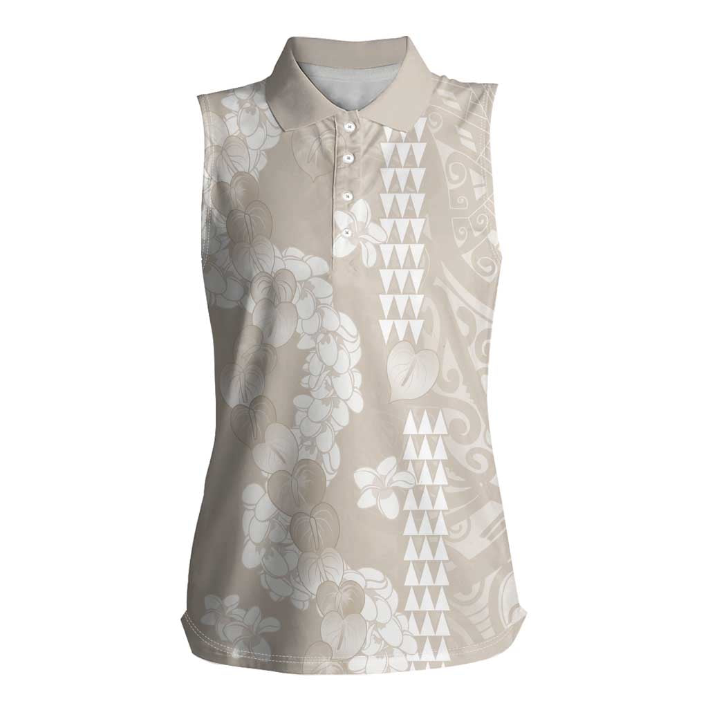 Suede Beige Hawaii Anthurium Plumeria Lei Women Sleeveless Polo Shirt