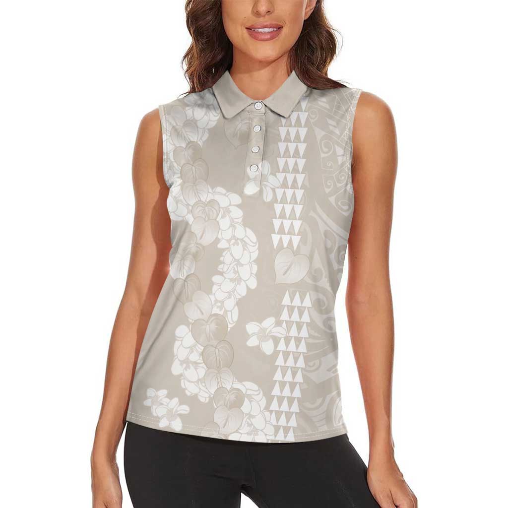 Suede Beige Hawaii Anthurium Plumeria Lei Women Sleeveless Polo Shirt LT9 - Polynesian Pride