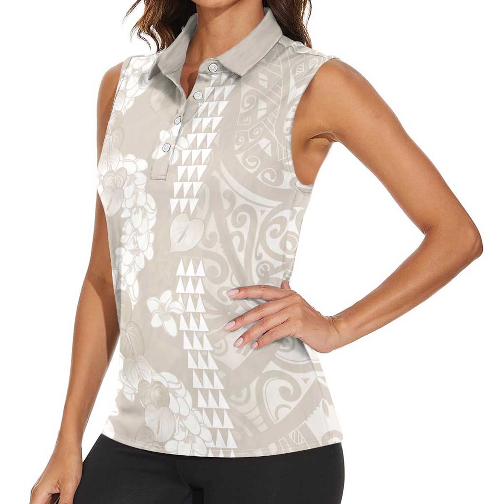 Suede Beige Hawaii Anthurium Plumeria Lei Women Sleeveless Polo Shirt LT9 - Polynesian Pride