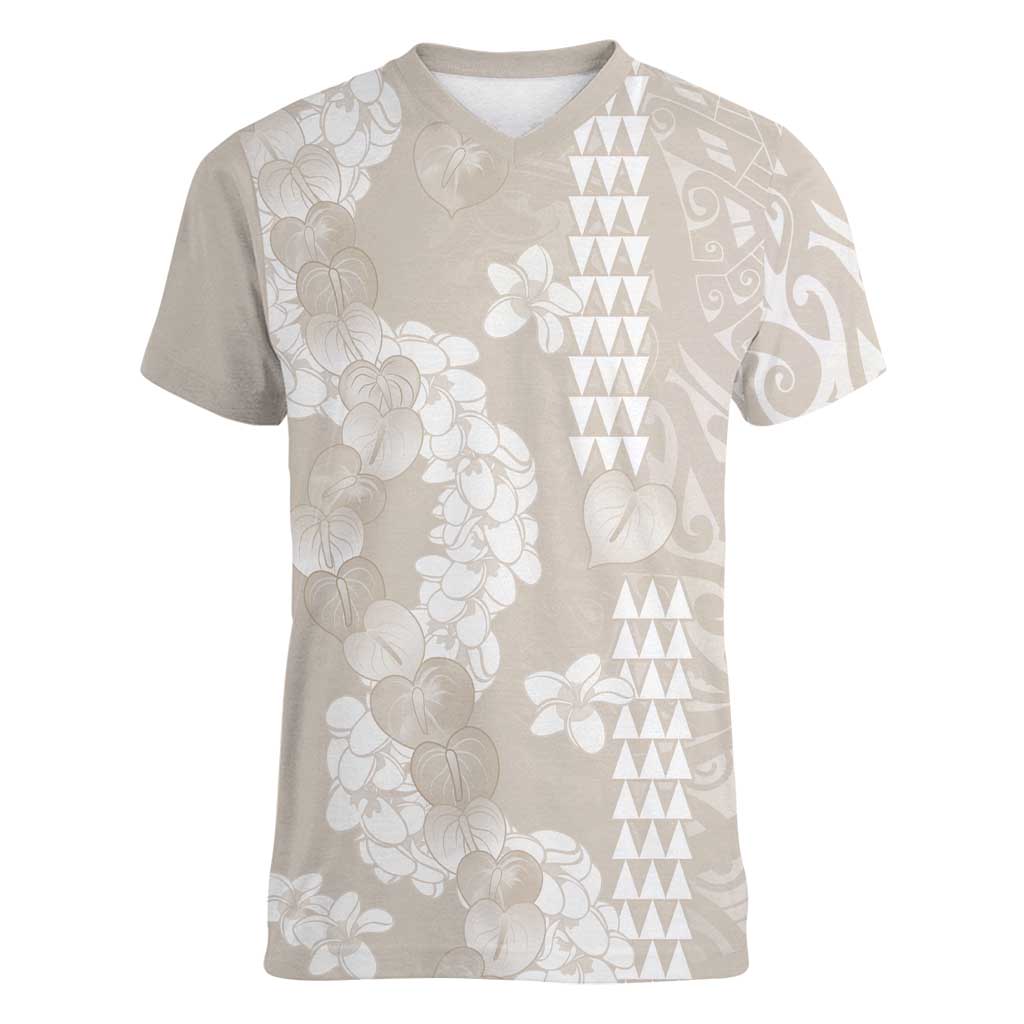 Suede Beige Hawaii Anthurium Plumeria Lei Women V-Neck T-Shirt