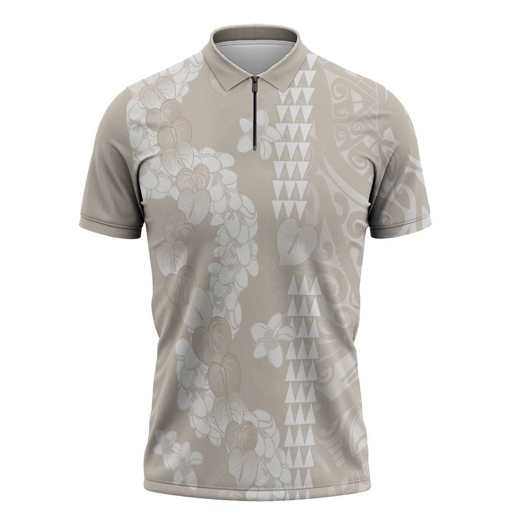Suede Beige Hawaii Anthurium Plumeria Lei Zipper Polo Shirt