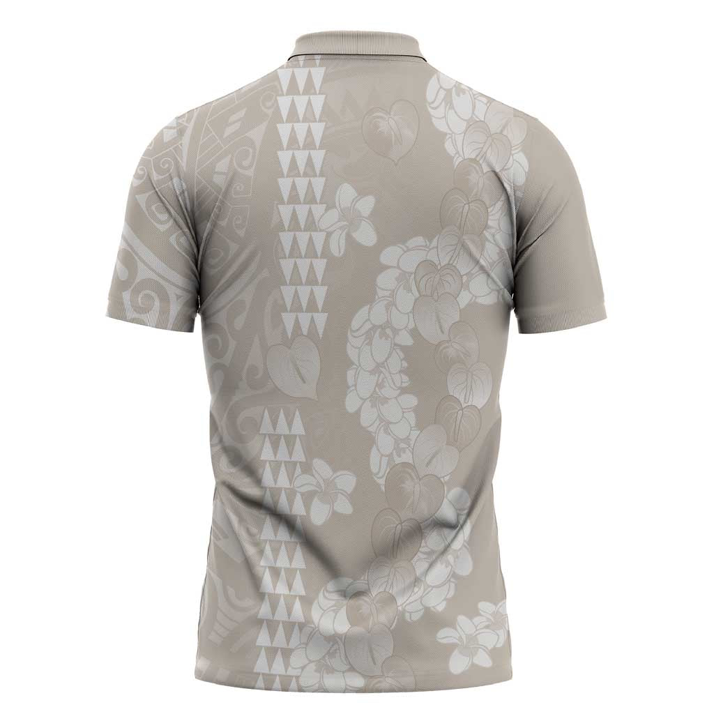 Suede Beige Hawaii Anthurium Plumeria Lei Zipper Polo Shirt