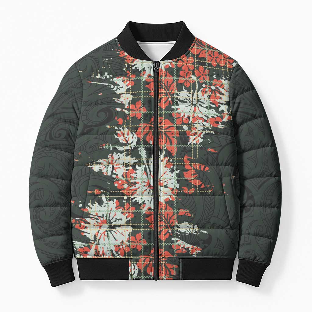 Hawaii Tartan With Hibiscus Bomber Puffer Jacket Polynesian Pattern Vintage