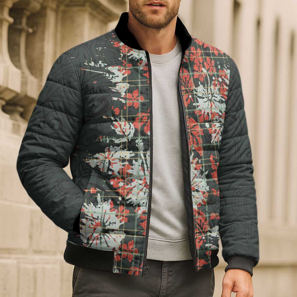 Hawaii Tartan With Hibiscus Bomber Puffer Jacket Polynesian Pattern Vintage
