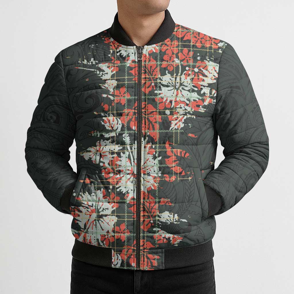 Hawaii Tartan With Hibiscus Bomber Puffer Jacket Polynesian Pattern Vintage
