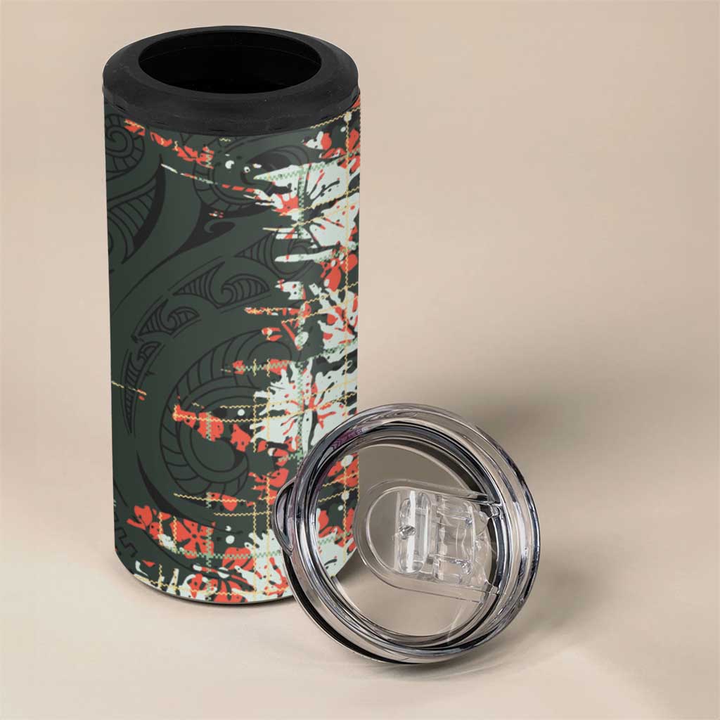 Hawaii Tartan With Hibiscus 4 in 1 Can Cooler Tumbler Polynesian Pattern Vintage