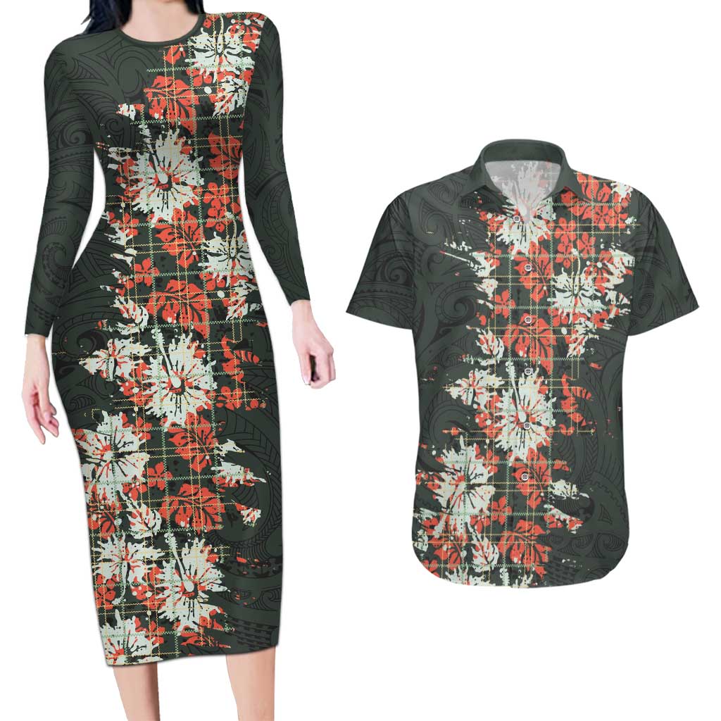 Hawaii Tartan With Hibiscus Couples Matching Long Sleeve Bodycon Dress and Hawaiian Shirt Polynesian Pattern Vintage LT9 Dark Green - Polynesian Pride