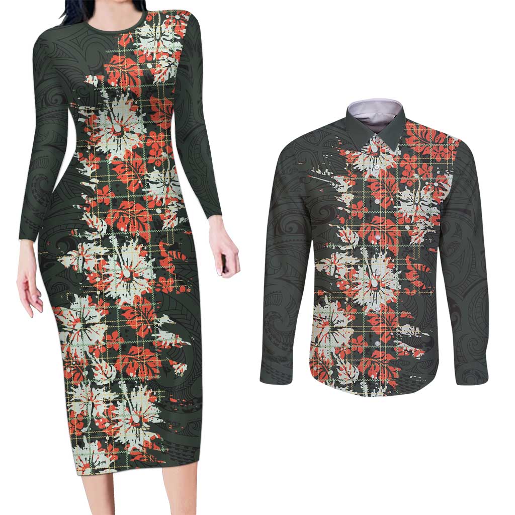 Hawaii Tartan With Hibiscus Couples Matching Long Sleeve Bodycon Dress and Long Sleeve Button Shirt Polynesian Pattern Vintage LT9 Dark Green - Polynesian Pride