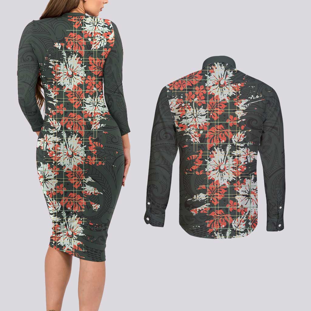 Hawaii Tartan With Hibiscus Couples Matching Long Sleeve Bodycon Dress and Long Sleeve Button Shirt Polynesian Pattern Vintage LT9 - Polynesian Pride