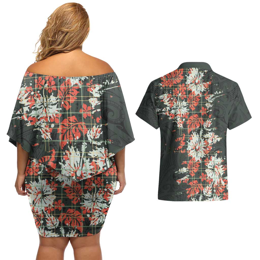 Hawaii Tartan With Hibiscus Couples Matching Off Shoulder Short Dress and Hawaiian Shirt Polynesian Pattern Vintage