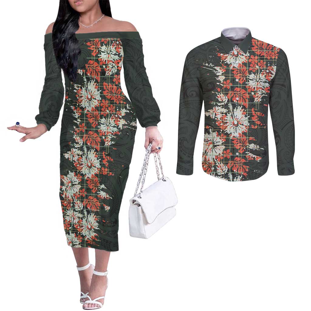 Hawaii Tartan With Hibiscus Couples Matching Off The Shoulder Long Sleeve Dress and Long Sleeve Button Shirt Polynesian Pattern Vintage LT9 Dark Green - Polynesian Pride