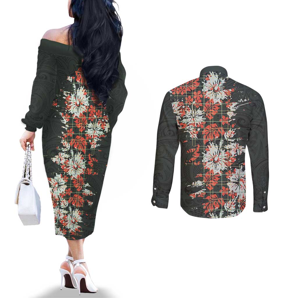 Hawaii Tartan With Hibiscus Couples Matching Off The Shoulder Long Sleeve Dress and Long Sleeve Button Shirt Polynesian Pattern Vintage LT9 - Polynesian Pride