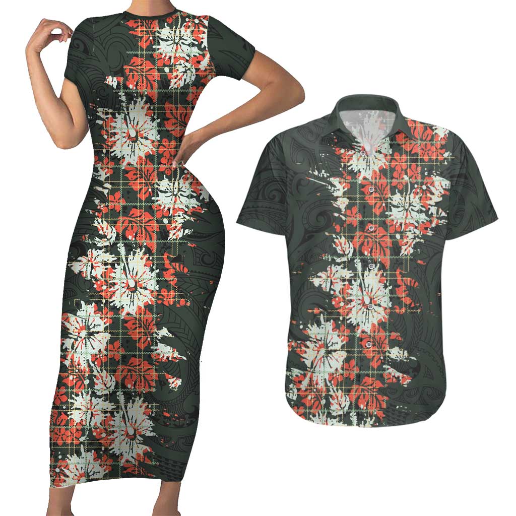 Hawaii Tartan With Hibiscus Couples Matching Short Sleeve Bodycon Dress and Hawaiian Shirt Polynesian Pattern Vintage