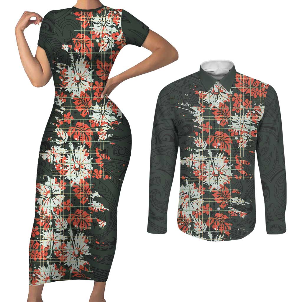 Hawaii Tartan With Hibiscus Couples Matching Short Sleeve Bodycon Dress and Long Sleeve Button Shirt Polynesian Pattern Vintage LT9 Dark Green - Polynesian Pride