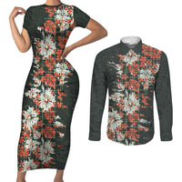 Hawaii Tartan With Hibiscus Couples Matching Short Sleeve Bodycon Dress and Long Sleeve Button Shirt Polynesian Pattern Vintage LT9 Dark Green - Polynesian Pride
