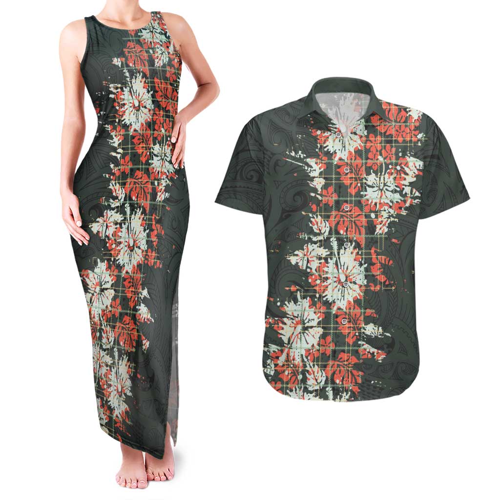 Hawaii Tartan With Hibiscus Couples Matching Tank Maxi Dress and Hawaiian Shirt Polynesian Pattern Vintage