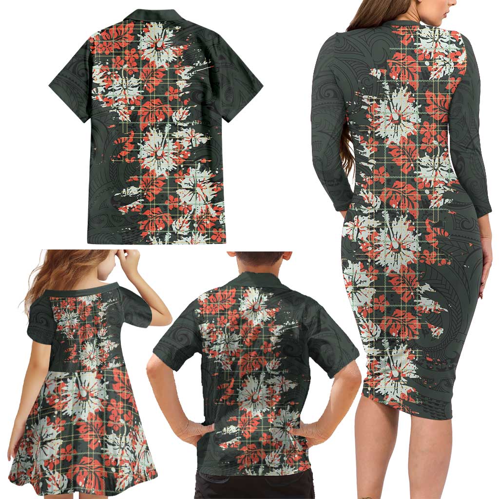 Hawaii Tartan With Hibiscus Family Matching Long Sleeve Bodycon Dress and Hawaiian Shirt Polynesian Pattern Vintage