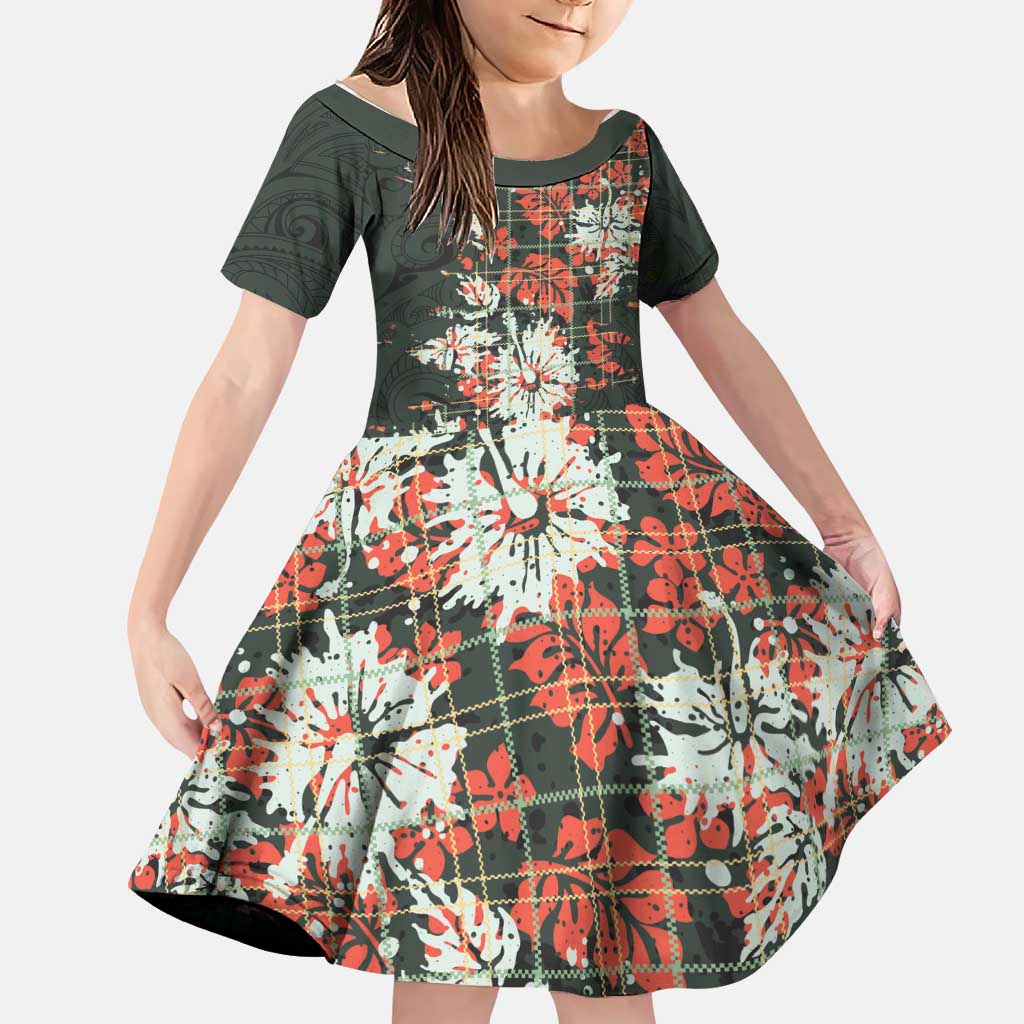 Hawaii Tartan With Hibiscus Family Matching Off The Shoulder Long Sleeve Dress and Hawaiian Shirt Polynesian Pattern Vintage