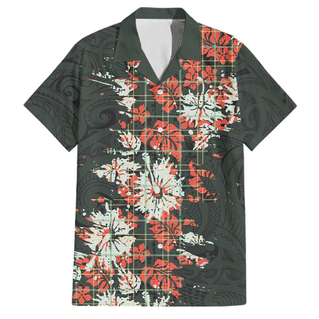 Hawaii Tartan With Hibiscus Family Matching Off Shoulder Short Dress and Hawaiian Shirt Polynesian Pattern Vintage LT9 Dad's Shirt - Short Sleeve Dark Green - Polynesian Pride