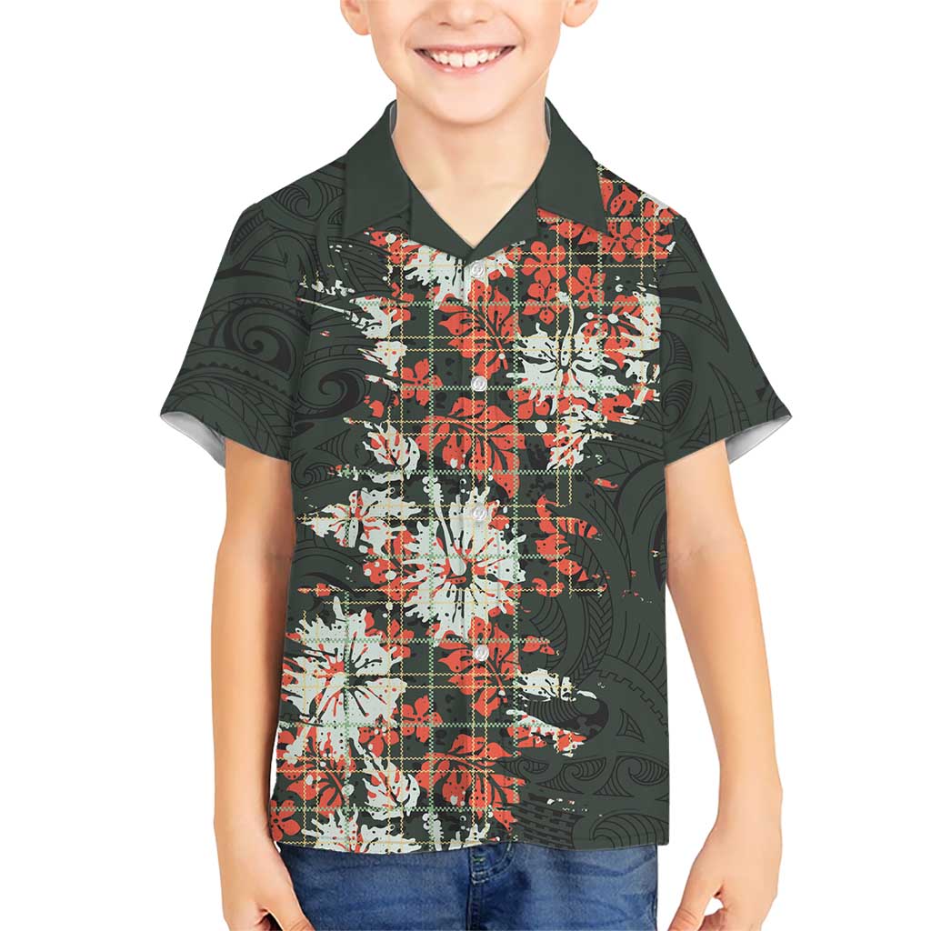 Hawaii Tartan With Hibiscus Family Matching Puletasi and Hawaiian Shirt Polynesian Pattern Vintage LT9 Son's Shirt Dark Green - Polynesian Pride