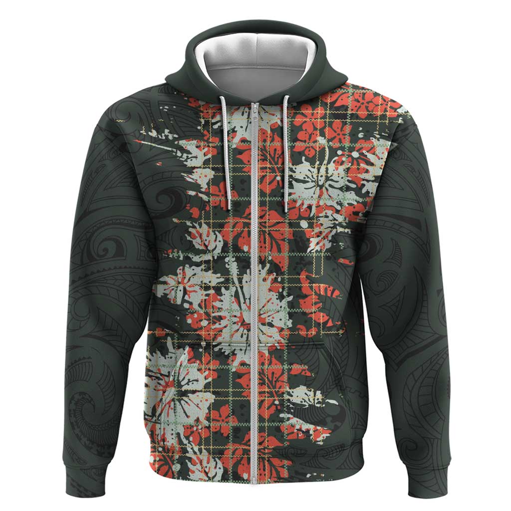 Hawaii Tartan With Hibiscus Hoodie Polynesian Pattern Vintage LT9 Zip Hoodie Dark Green - Polynesian Pride