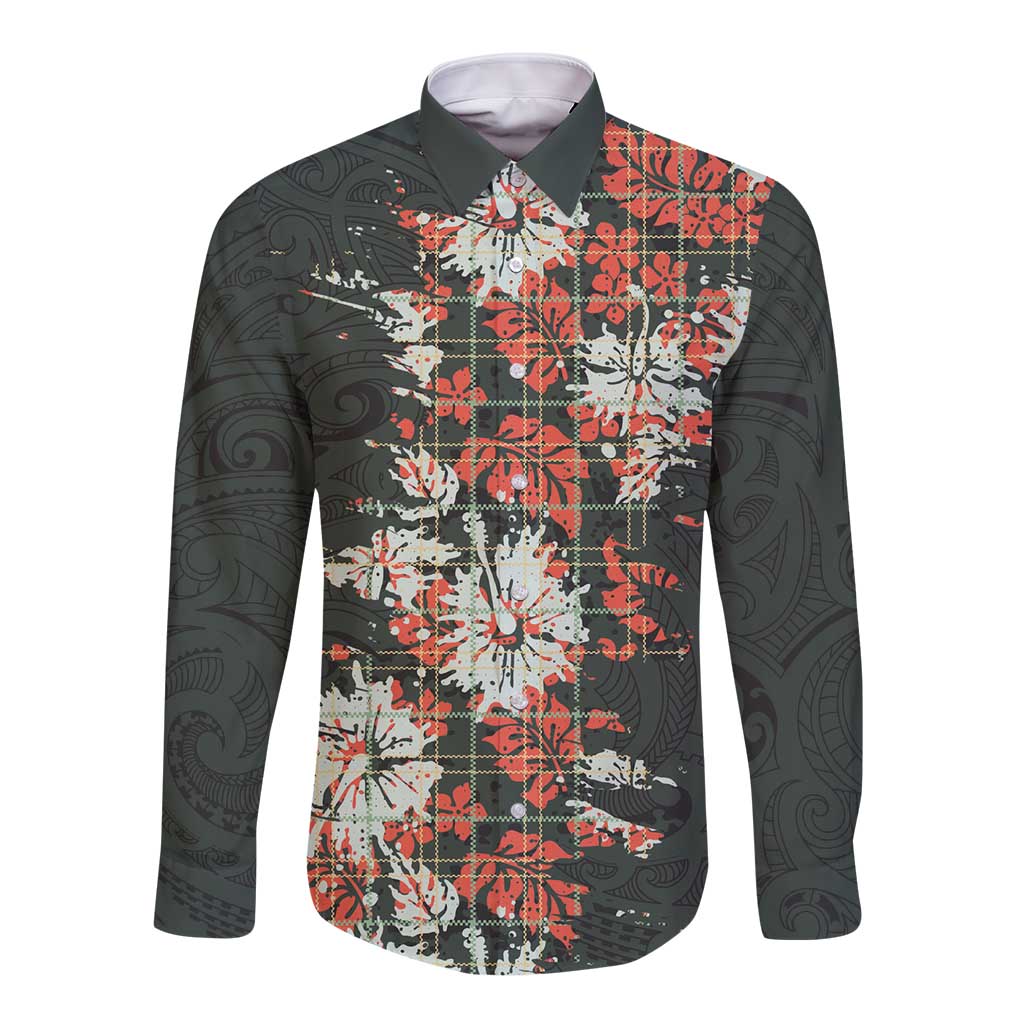 Hawaii Tartan With Hibiscus Long Sleeve Button Shirt Polynesian Pattern Vintage