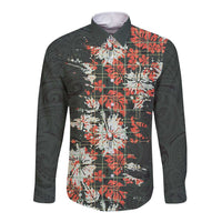 Hawaii Tartan With Hibiscus Long Sleeve Button Shirt Polynesian Pattern Vintage