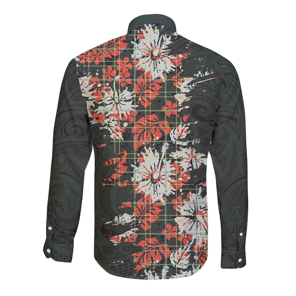 Hawaii Tartan With Hibiscus Long Sleeve Button Shirt Polynesian Pattern Vintage