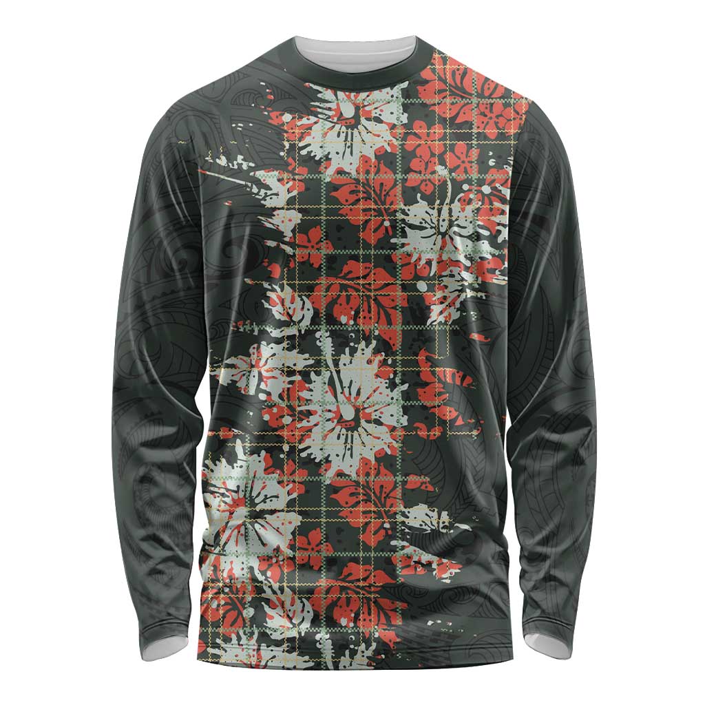 Hawaii Tartan With Hibiscus Long Sleeve Shirt Polynesian Pattern Vintage