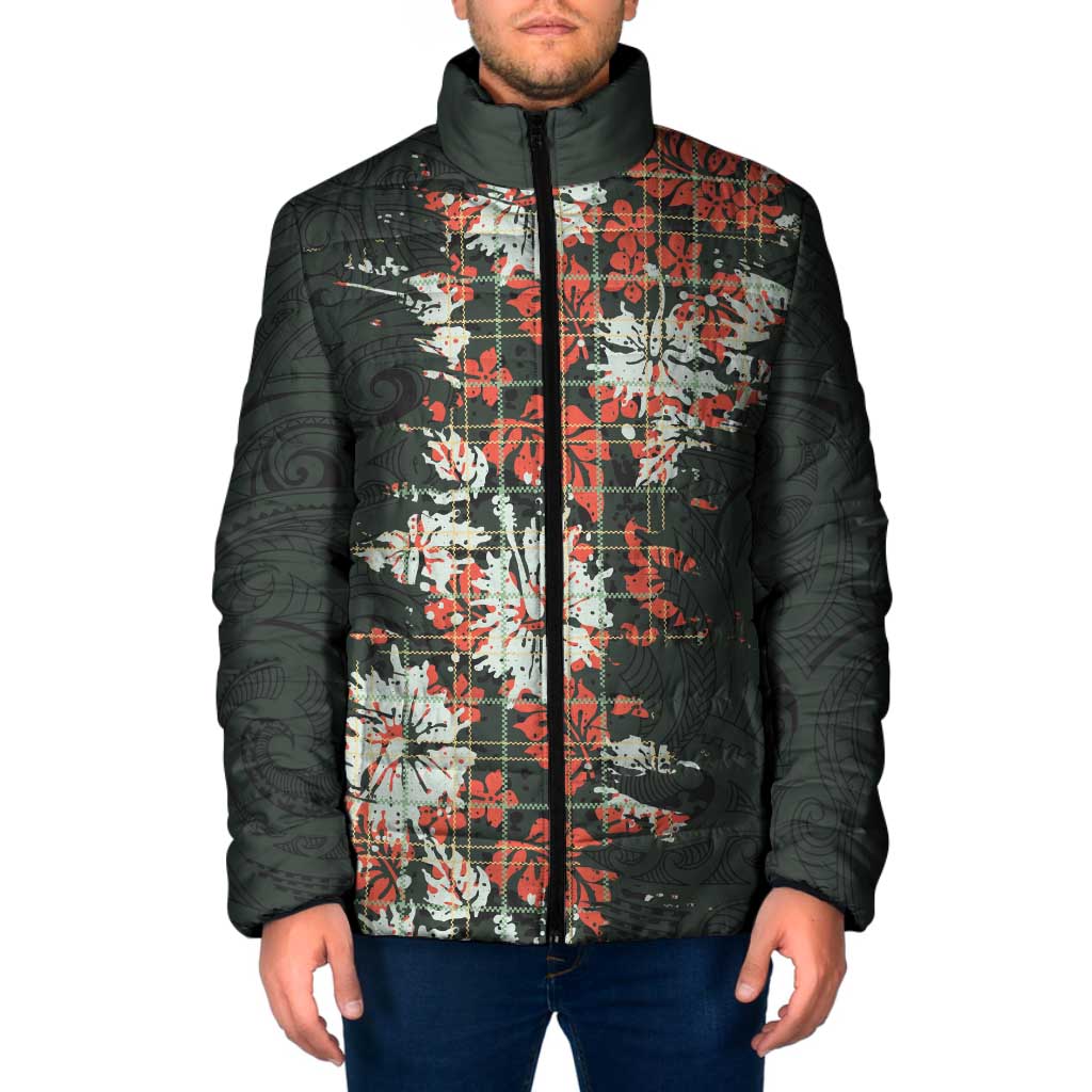 Hawaii Tartan With Hibiscus Padded Jacket Polynesian Pattern Vintage