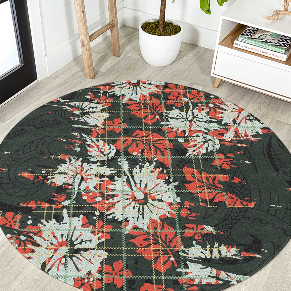 Hawaii Tartan With Hibiscus Round Carpet Polynesian Pattern Vintage