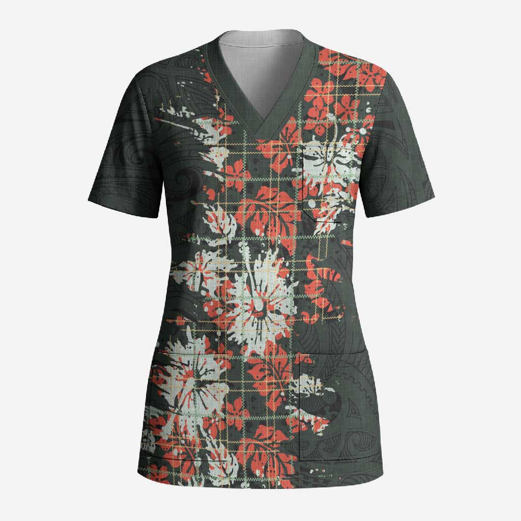 Hawaii Tartan With Hibiscus Scrub Top Polynesian Pattern Vintage