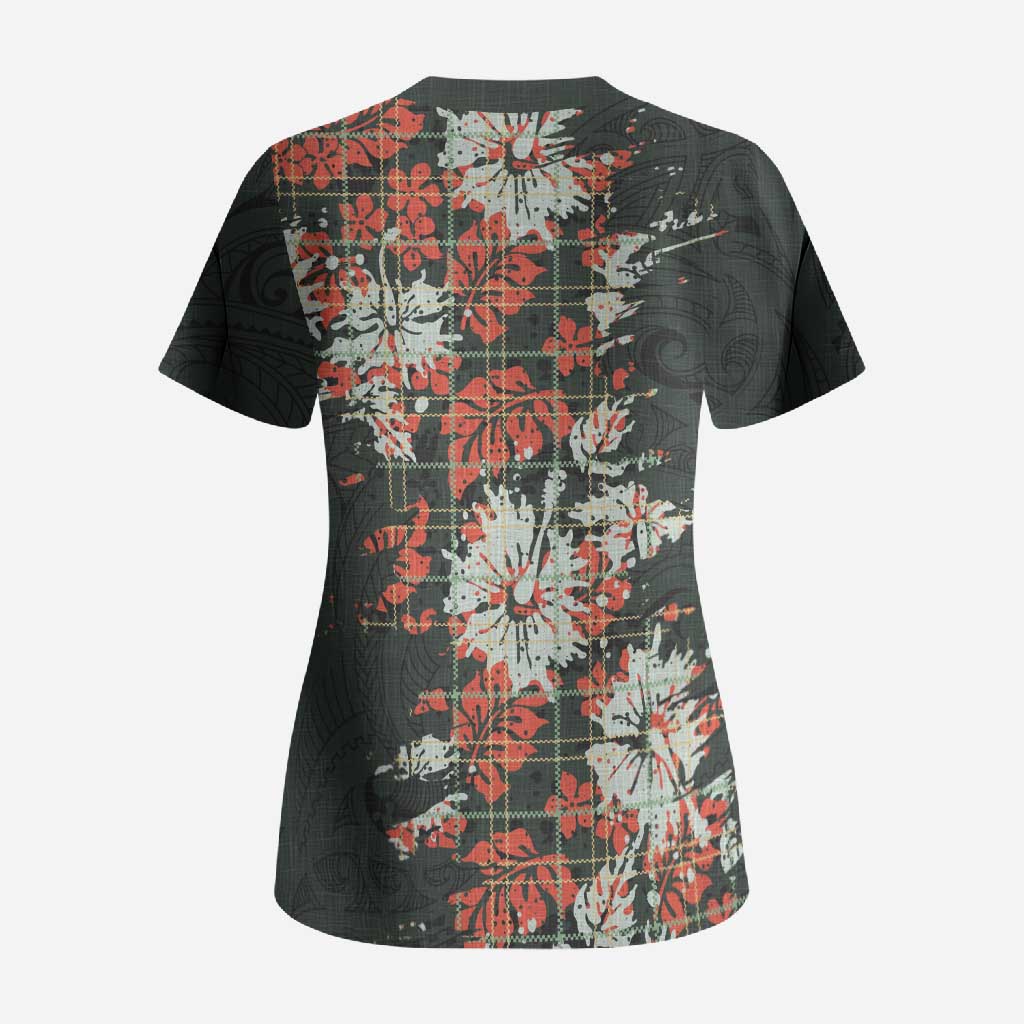 Hawaii Tartan With Hibiscus Scrub Top Polynesian Pattern Vintage
