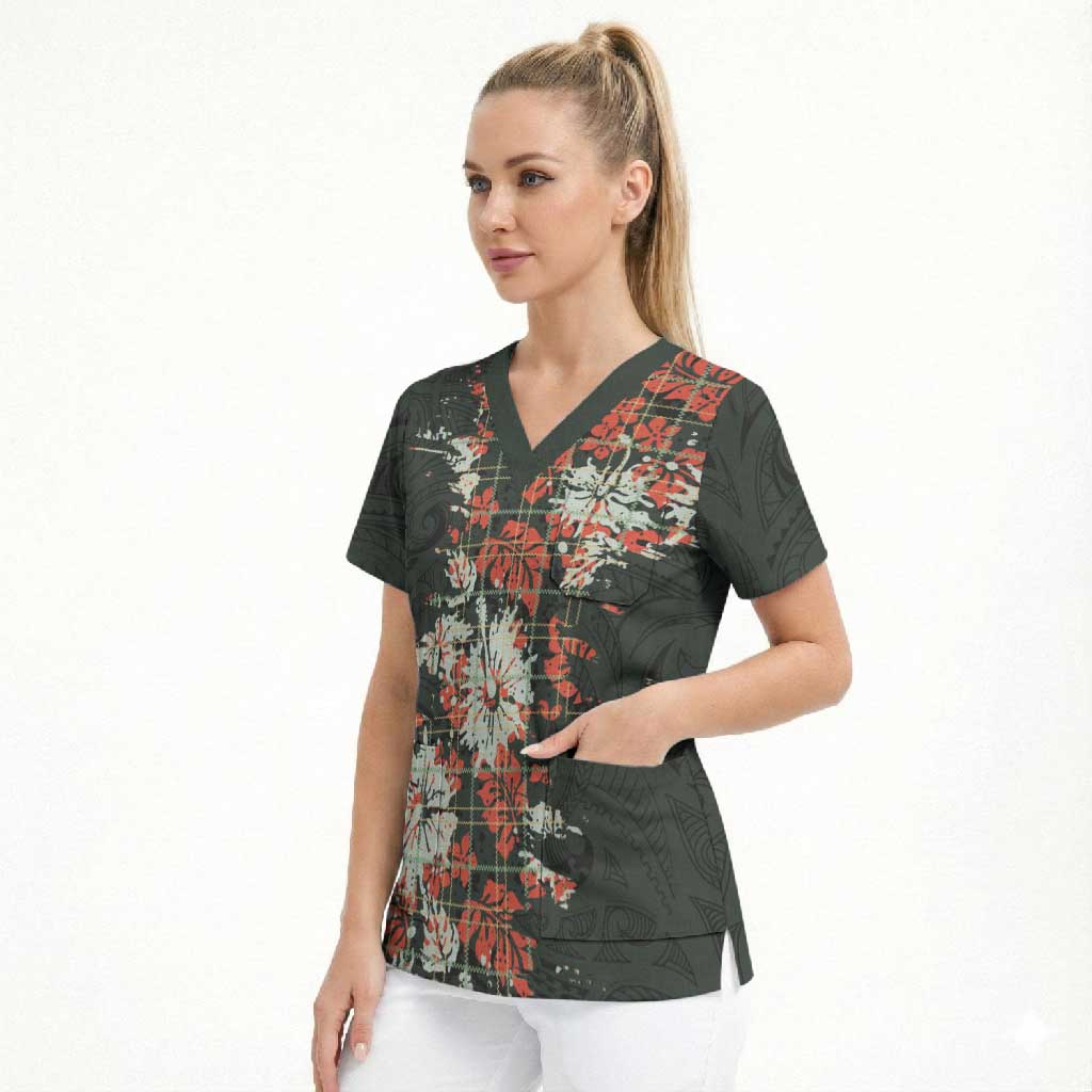 Hawaii Tartan With Hibiscus Scrub Top Polynesian Pattern Vintage