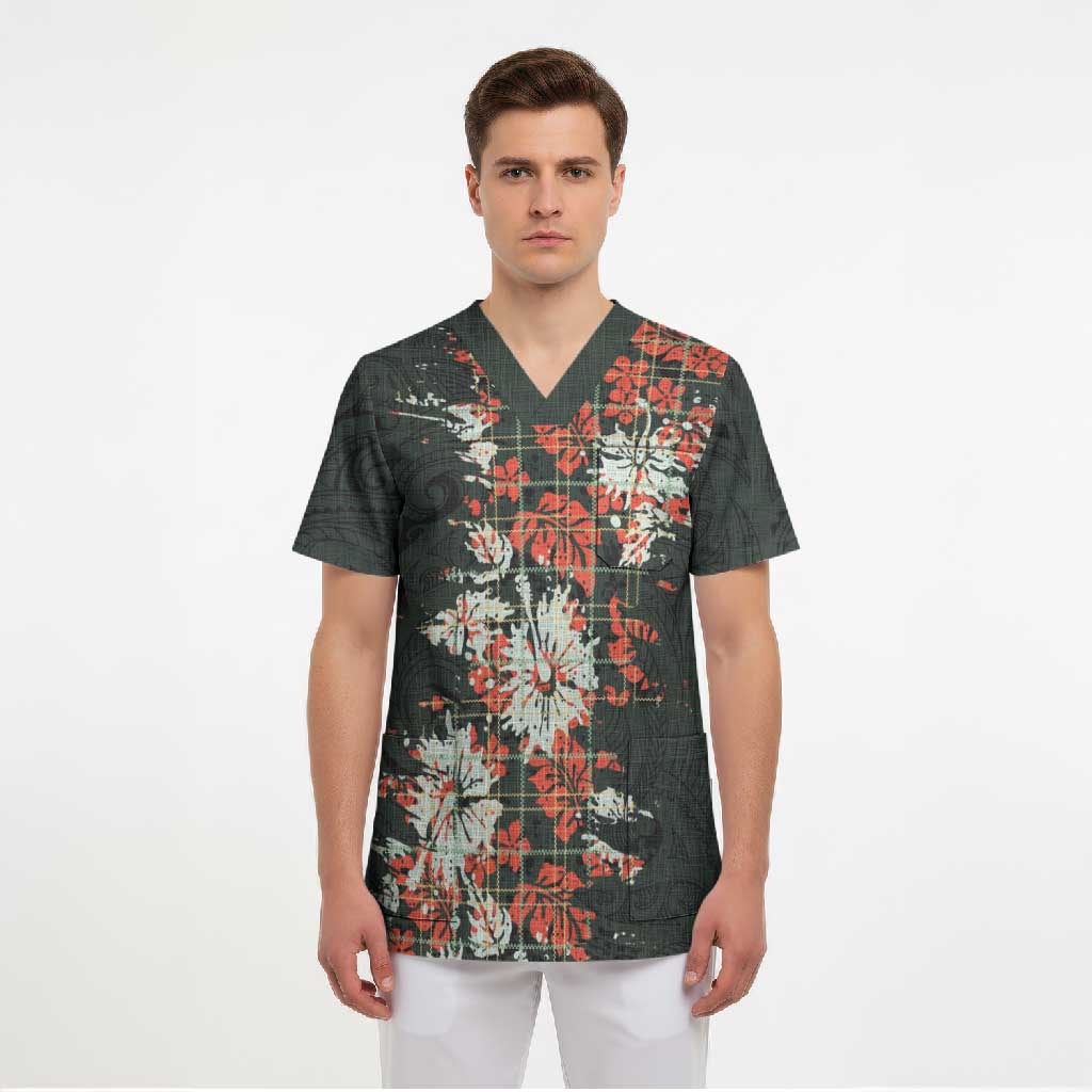 Hawaii Tartan With Hibiscus Scrub Top Polynesian Pattern Vintage