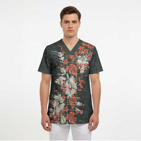 Hawaii Tartan With Hibiscus Scrub Top Polynesian Pattern Vintage