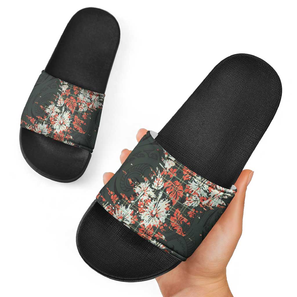 Hawaii Tartan With Hibiscus Slide Sandals Polynesian Pattern Vintage