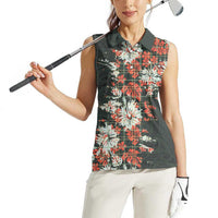 Hawaii Tartan With Hibiscus Women Sleeveless Polo Shirt Polynesian Pattern Vintage