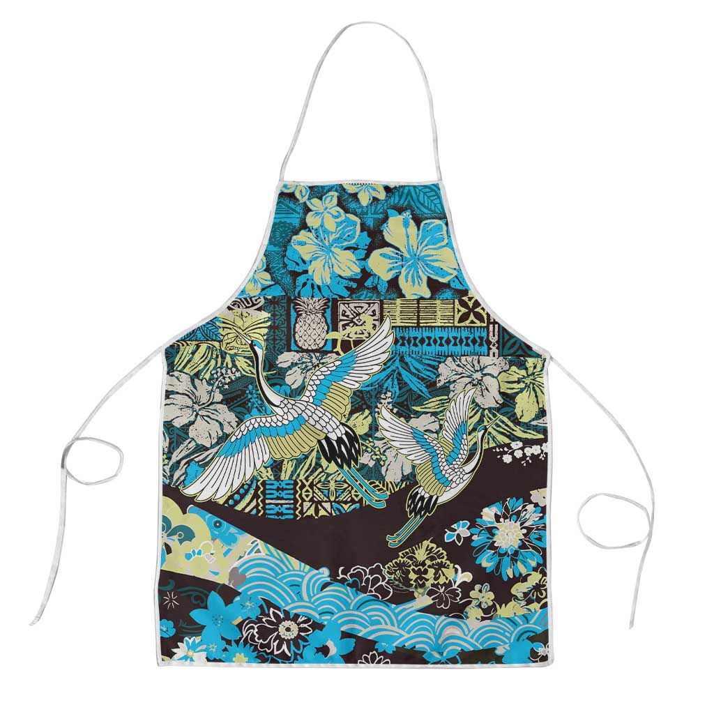 Japanese Hawaiian Crane Apron Blue Tapa Patchwork Pattern