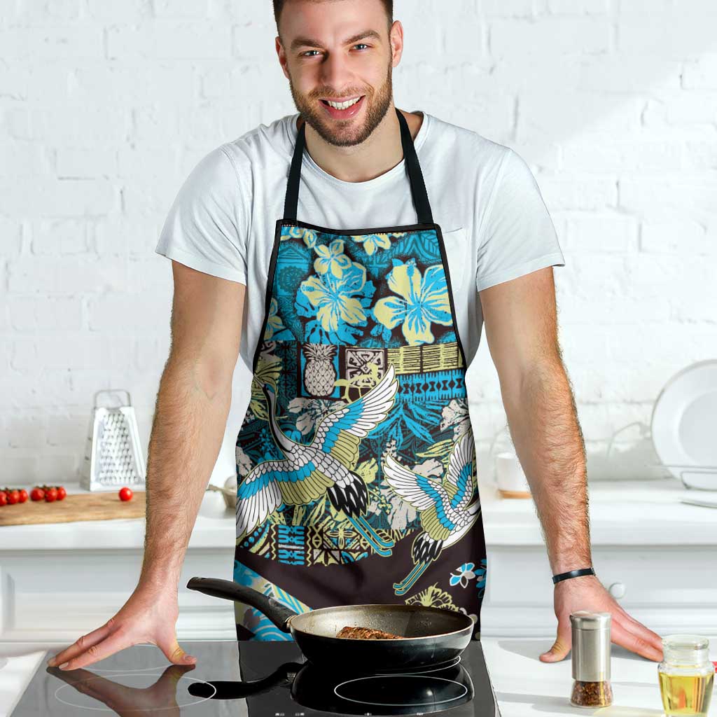 Japanese Hawaiian Crane Apron Blue Tapa Patchwork Pattern
