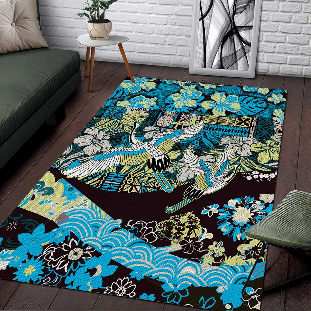 Japanese Hawaiian Crane Area Rug Blue Tapa Patchwork Pattern LT9 Blue - Polynesian Pride