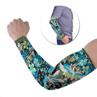 Japanese Hawaiian Crane Arm Sleeves Blue Tapa Patchwork Pattern