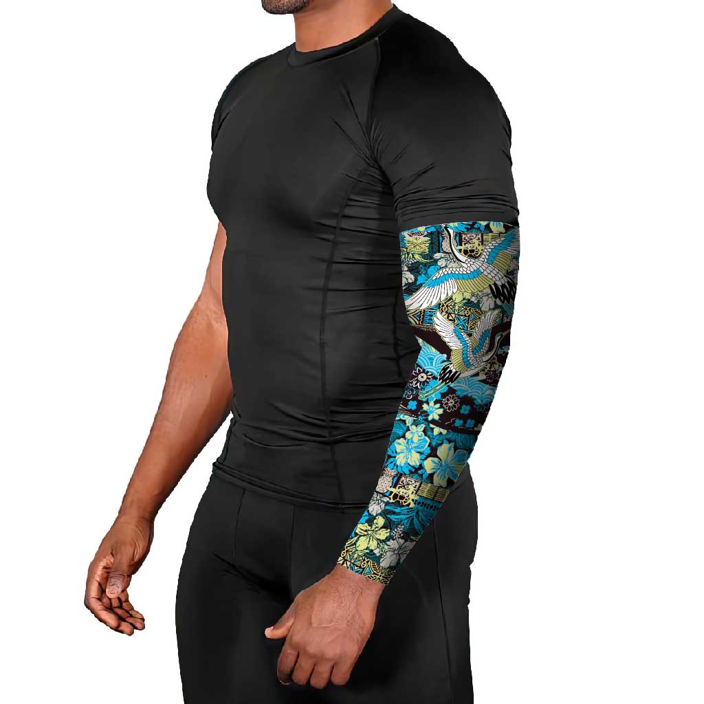 Japanese Hawaiian Crane Arm Sleeves Blue Tapa Patchwork Pattern