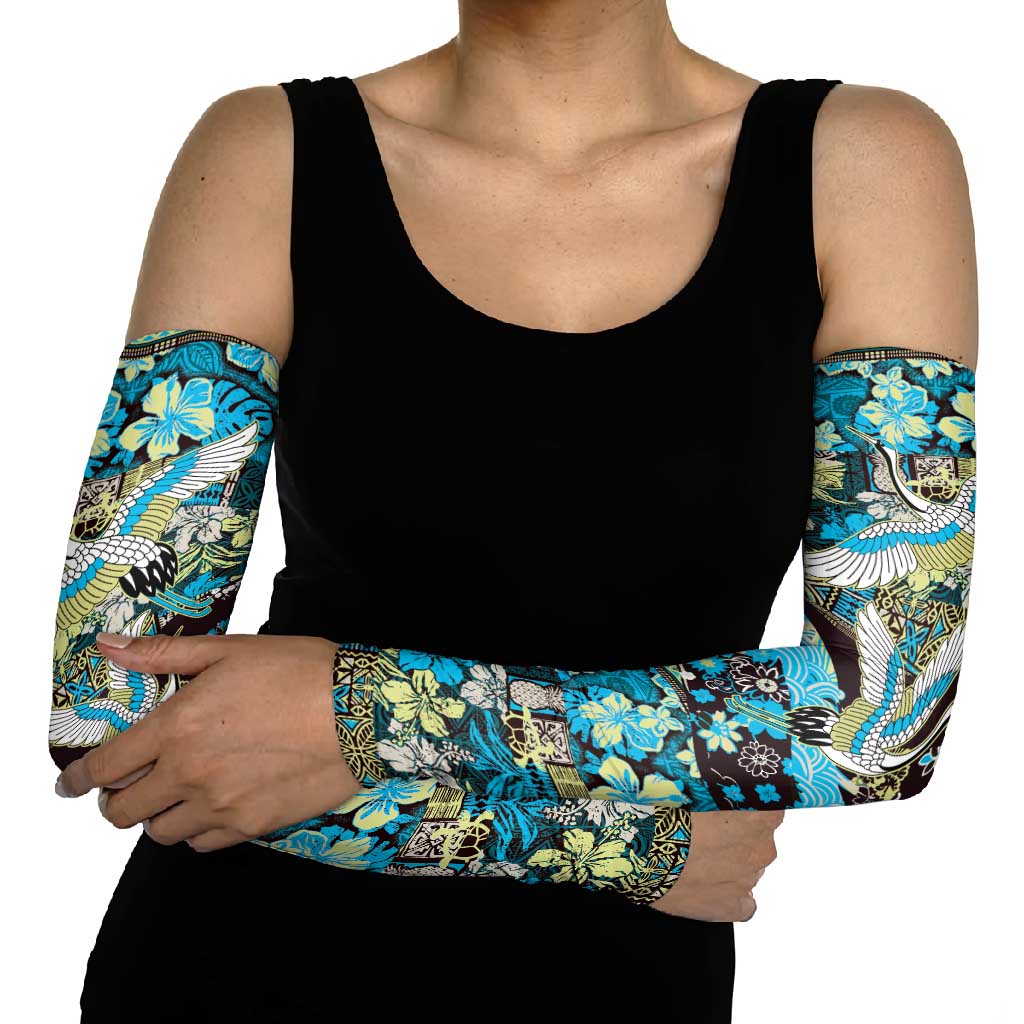Japanese Hawaiian Crane Arm Sleeves Blue Tapa Patchwork Pattern