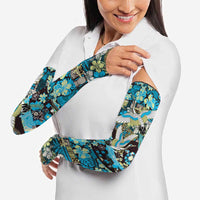 Japanese Hawaiian Crane Arm Sleeves Blue Tapa Patchwork Pattern