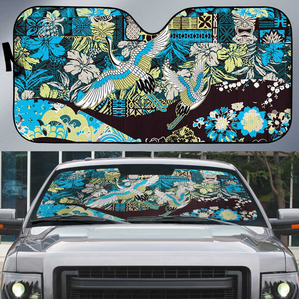 Japanese Hawaiian Crane Auto Sun Shade Blue Tapa Patchwork Pattern LT9 Blue - Polynesian Pride