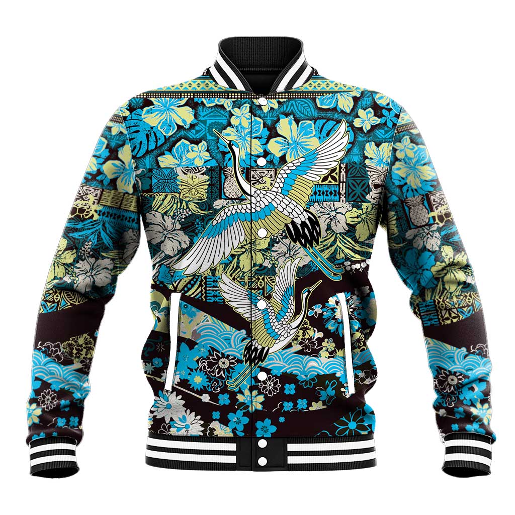Japanese Hawaiian Crane Baseball Jacket Blue Tapa Patchwork Pattern