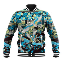 Japanese Hawaiian Crane Baseball Jacket Blue Tapa Patchwork Pattern