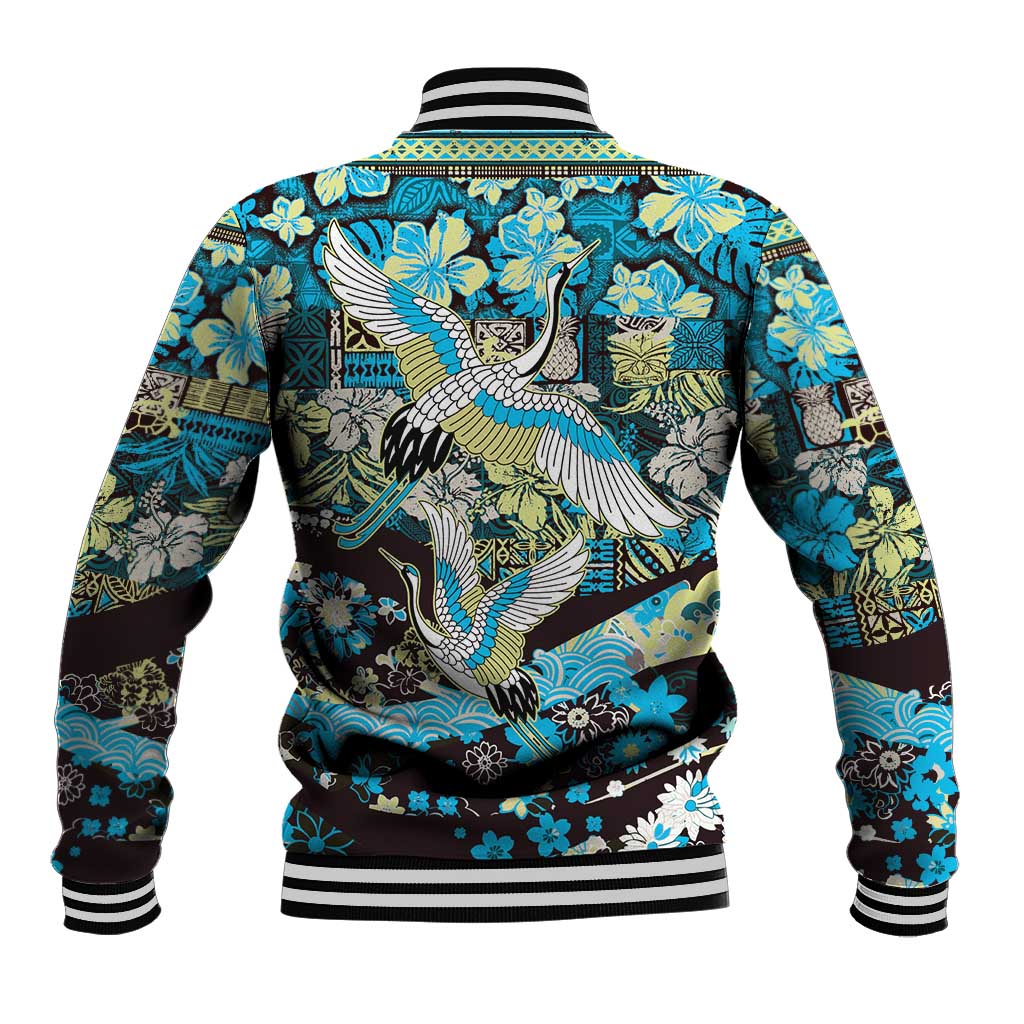 Japanese Hawaiian Crane Baseball Jacket Blue Tapa Patchwork Pattern