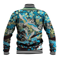 Japanese Hawaiian Crane Baseball Jacket Blue Tapa Patchwork Pattern